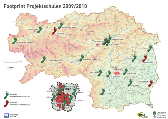 Projektschulen 2009/2010. Mit einem Klick auf die Karte kann ein PDF heruntergeladen werden.