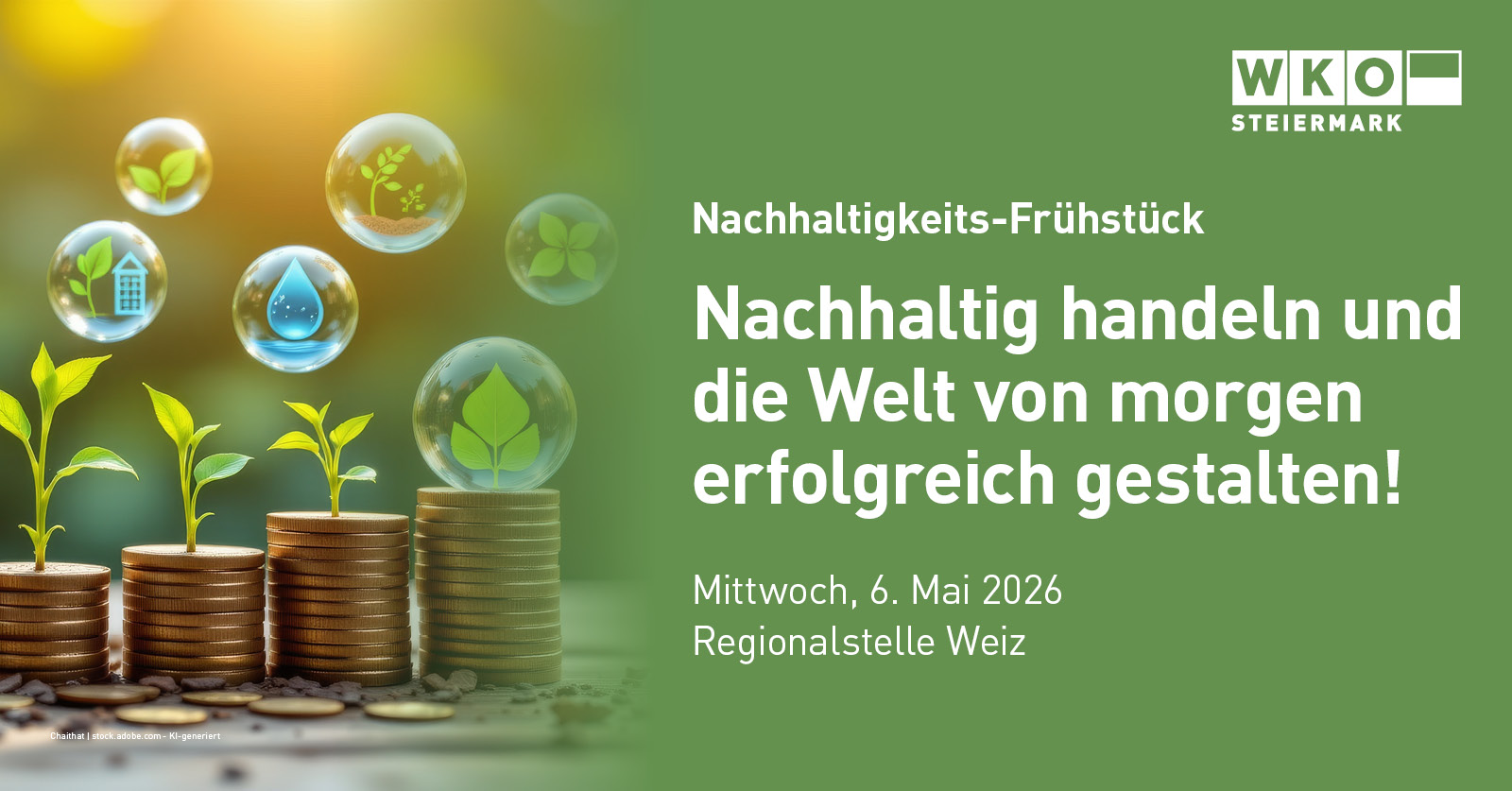 Bild zeigt grüne Triebe in Glaskuppeln auf gestapelten Münzen, symbolisch für nachhaltiges Wachstum.