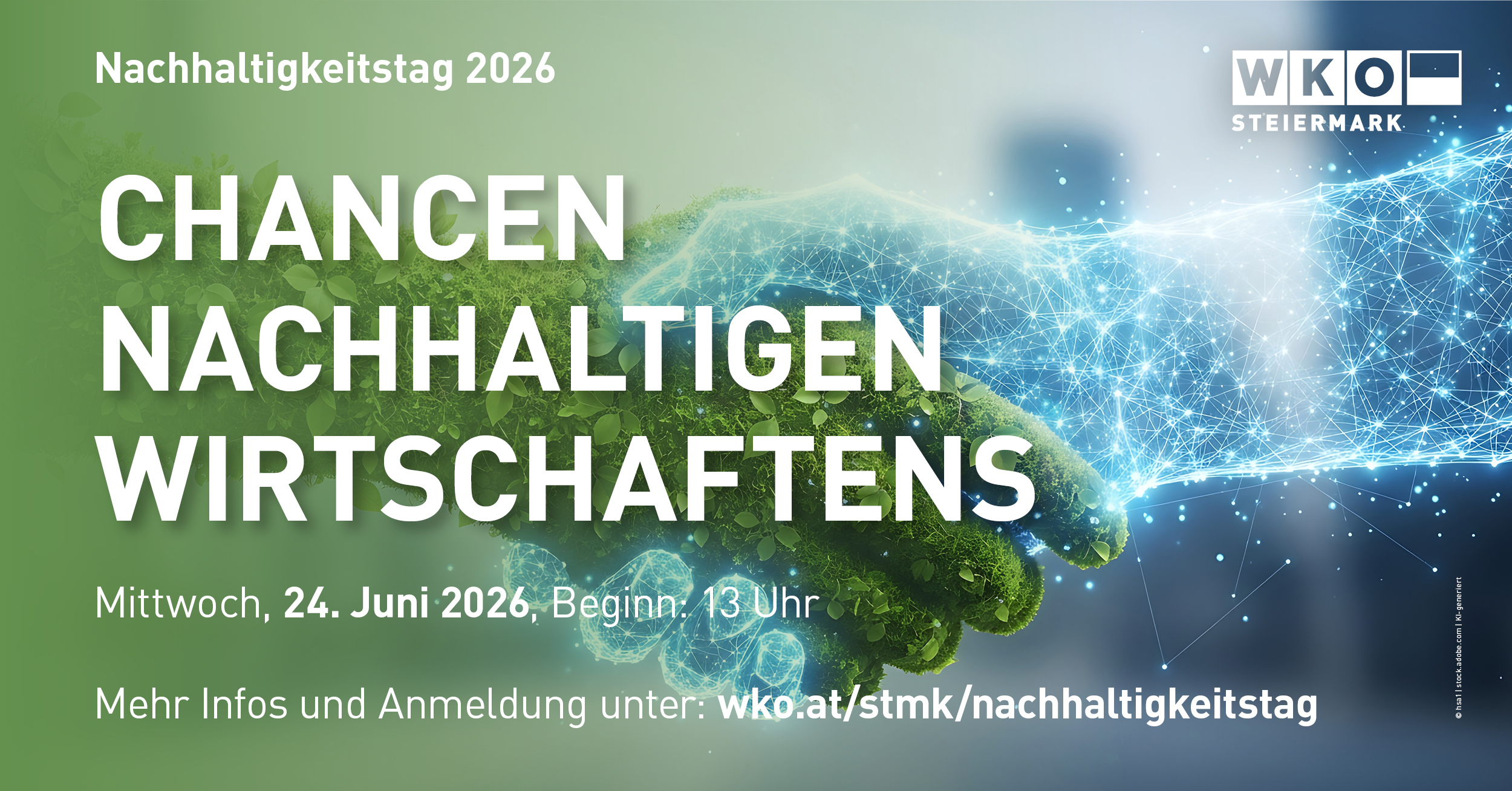 Bild für Veranstaltung „Nachhaltigkeitstag“ am 24.06.2026 mit Informationstext und Logo der WKO Steiermark.